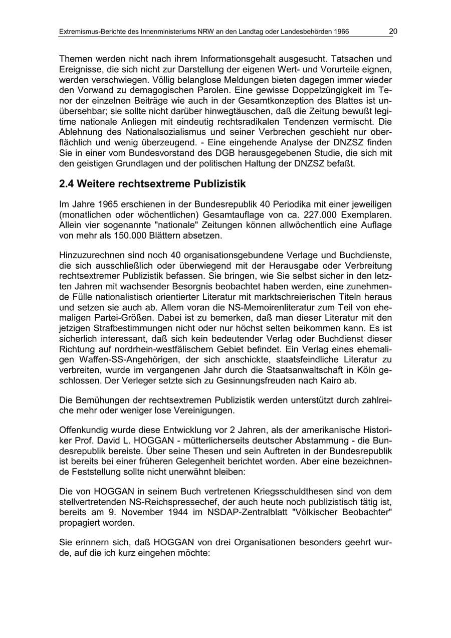 Seite 20 des Verfassungsschutzbericht 1966 Nordrhein-Westfalen