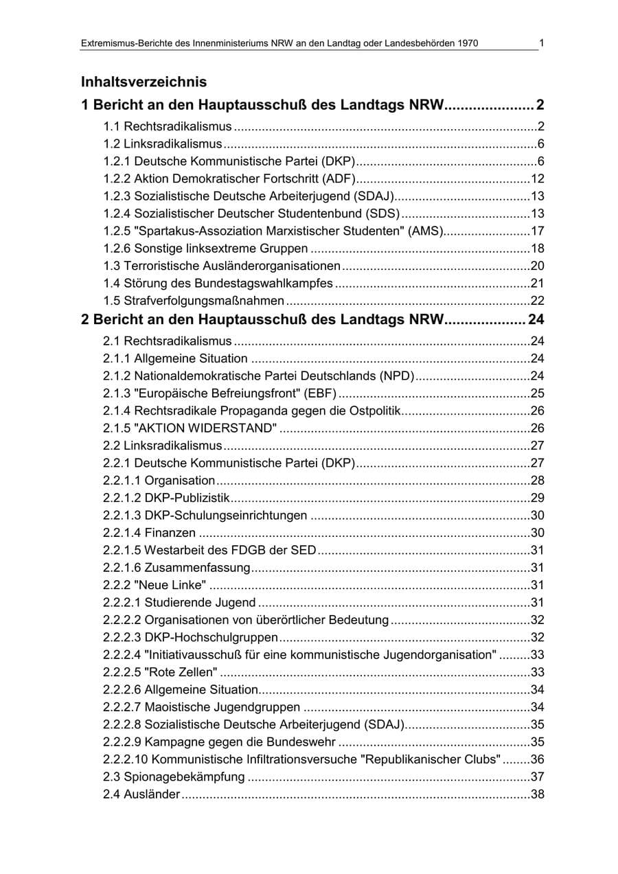 Seite 1 des Verfassungsschutzbericht 1970 Nordrhein-Westfalen