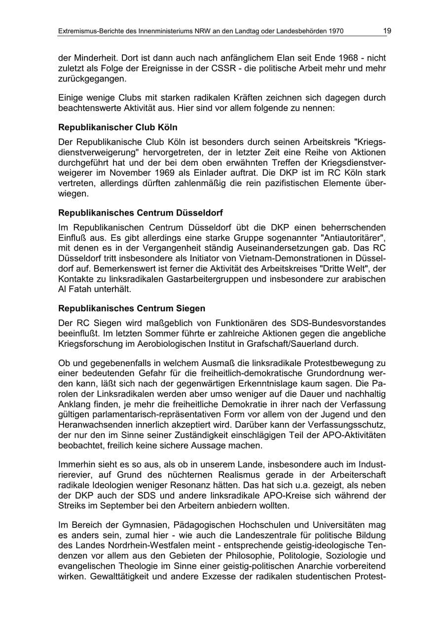 Seite 19 des Verfassungsschutzbericht 1970 Nordrhein-Westfalen