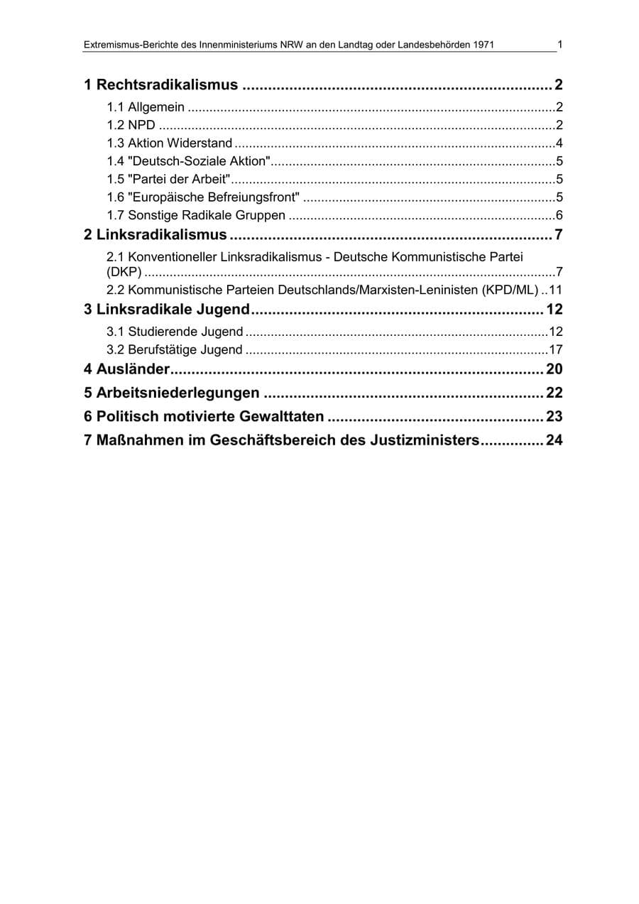 Seite 1 des Verfassungsschutzbericht 1971 Nordrhein-Westfalen