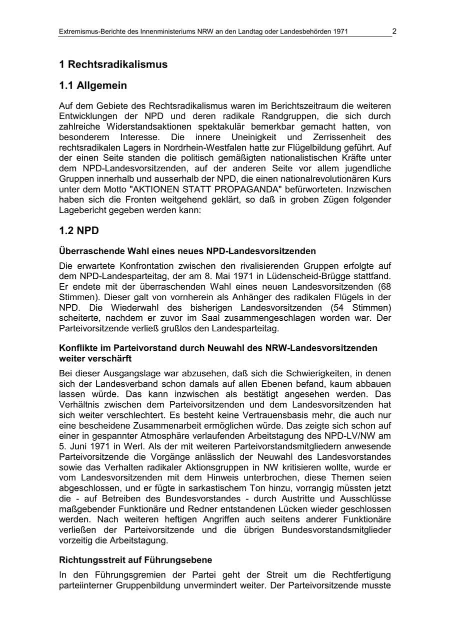 Seite 2 des Verfassungsschutzbericht 1971 Nordrhein-Westfalen