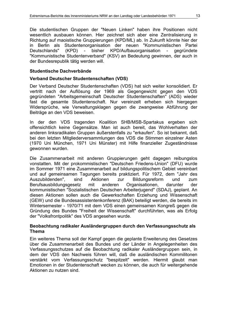 Seite 13 des Verfassungsschutzbericht 1971 Nordrhein-Westfalen