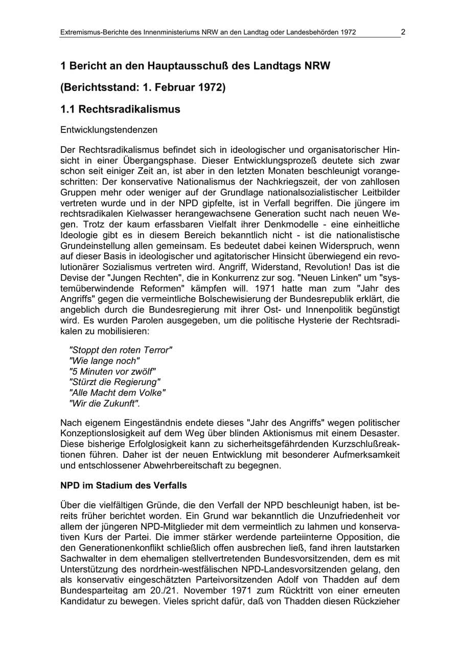 Seite 2 des Verfassungsschutzbericht 1972 Nordrhein-Westfalen