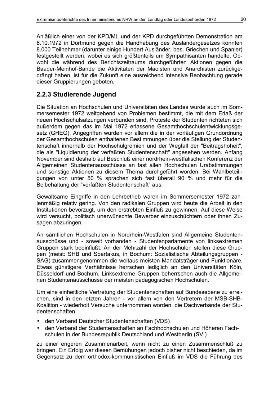 Seite 20 des Verfassungsschutzbericht 1972 Nordrhein-Westfalen