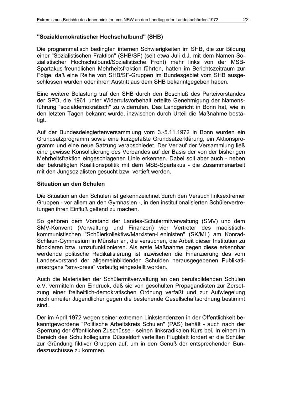 Seite 22 des Verfassungsschutzbericht 1972 Nordrhein-Westfalen