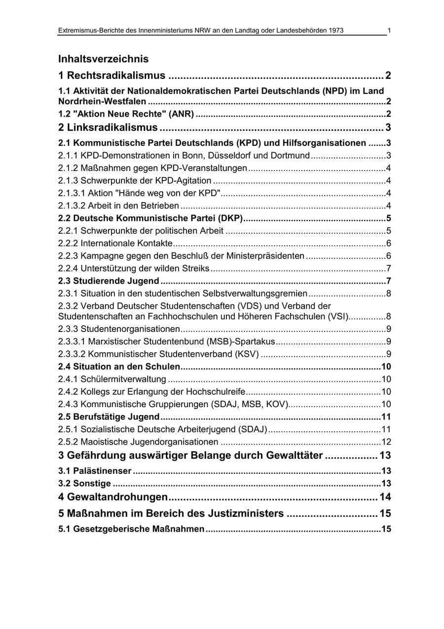 Seite 1 des Verfassungsschutzbericht 1973 Nordrhein-Westfalen