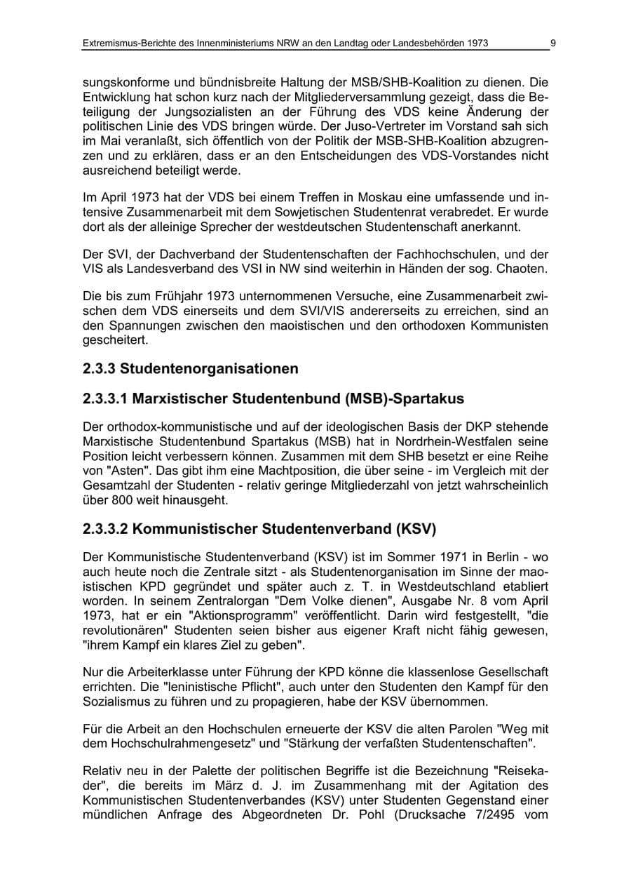 Seite 9 des Verfassungsschutzbericht 1973 Nordrhein-Westfalen