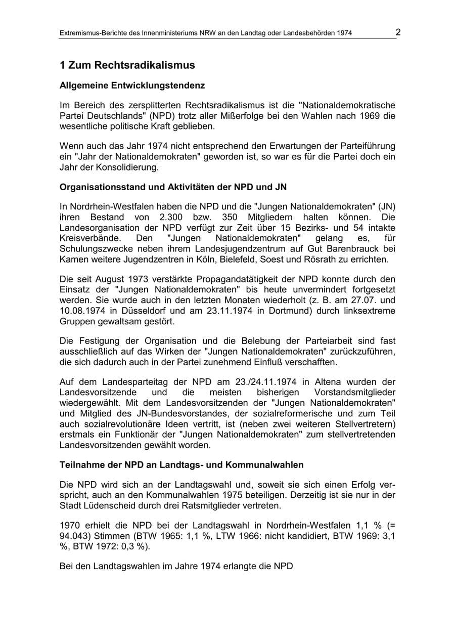 Seite 2 des Verfassungsschutzbericht 1974 Nordrhein-Westfalen
