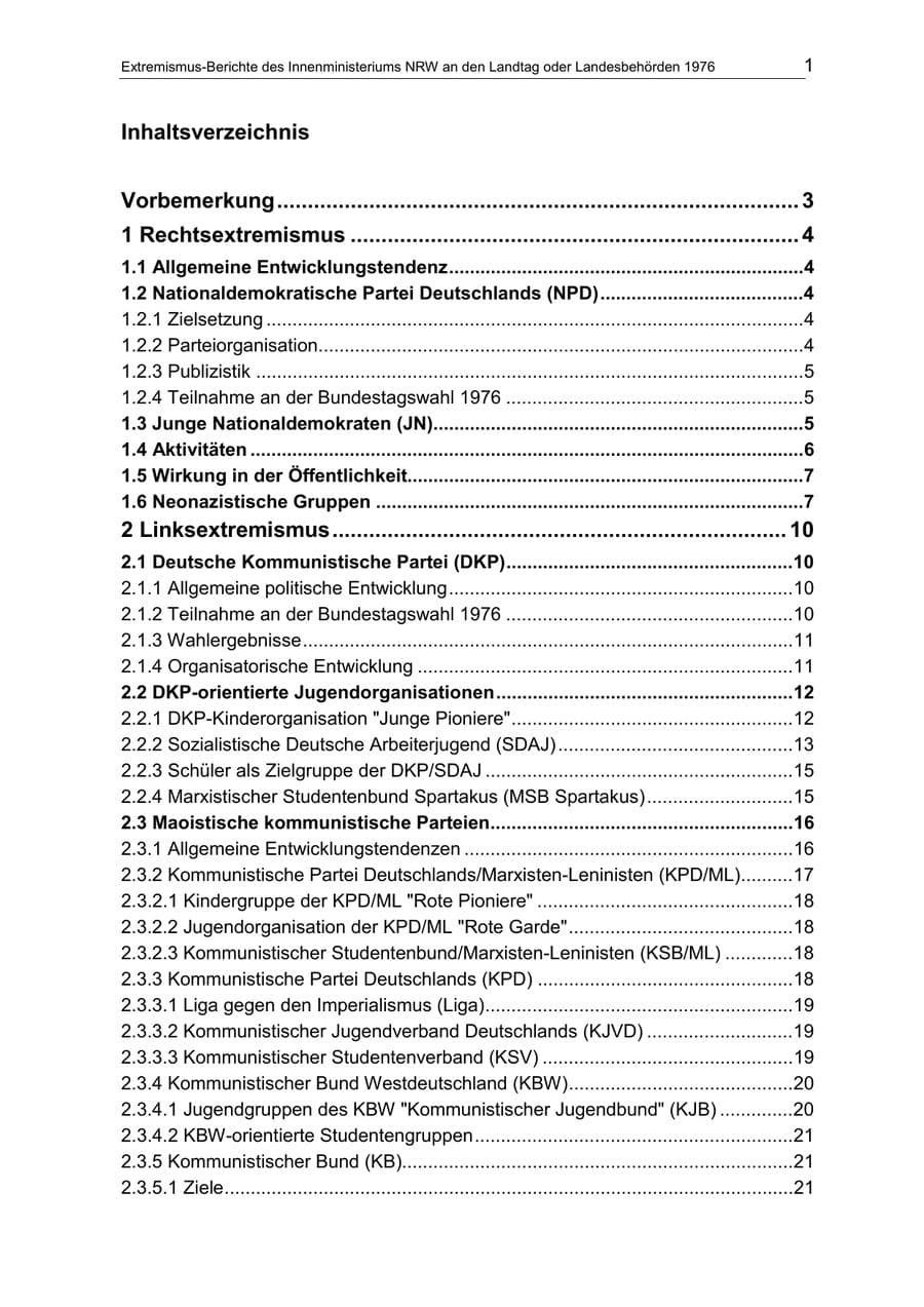 Seite 1 des Verfassungsschutzbericht 1976 Nordrhein-Westfalen