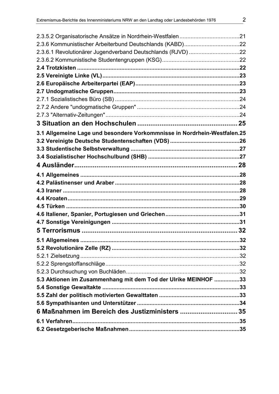 Seite 2 des Verfassungsschutzbericht 1976 Nordrhein-Westfalen