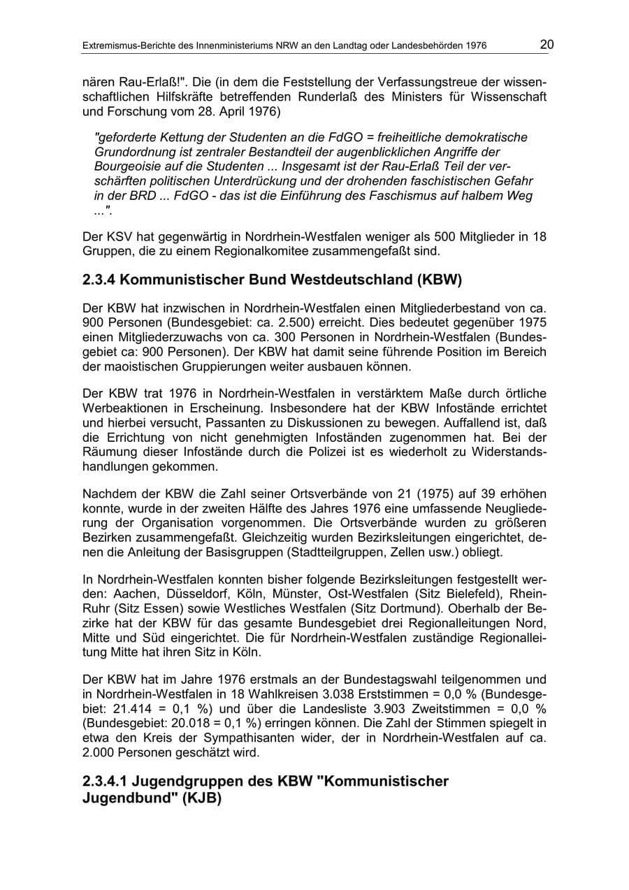 Seite 20 des Verfassungsschutzbericht 1976 Nordrhein-Westfalen