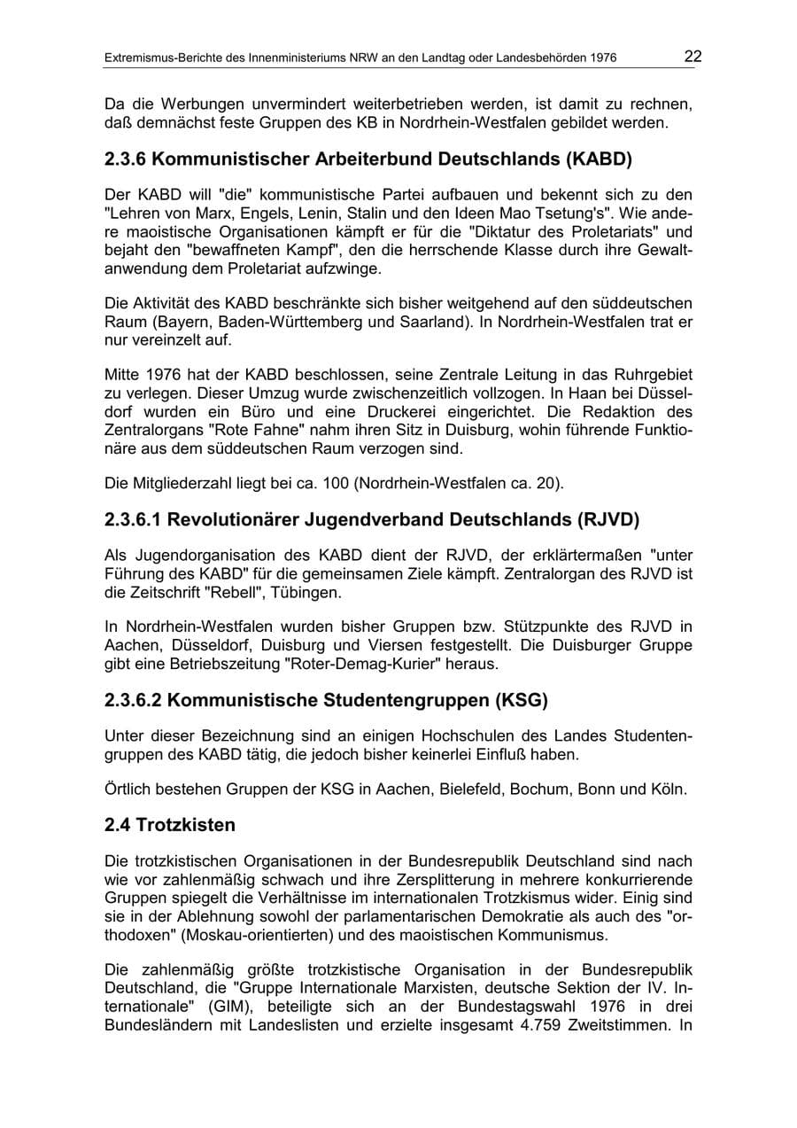Seite 22 des Verfassungsschutzbericht 1976 Nordrhein-Westfalen