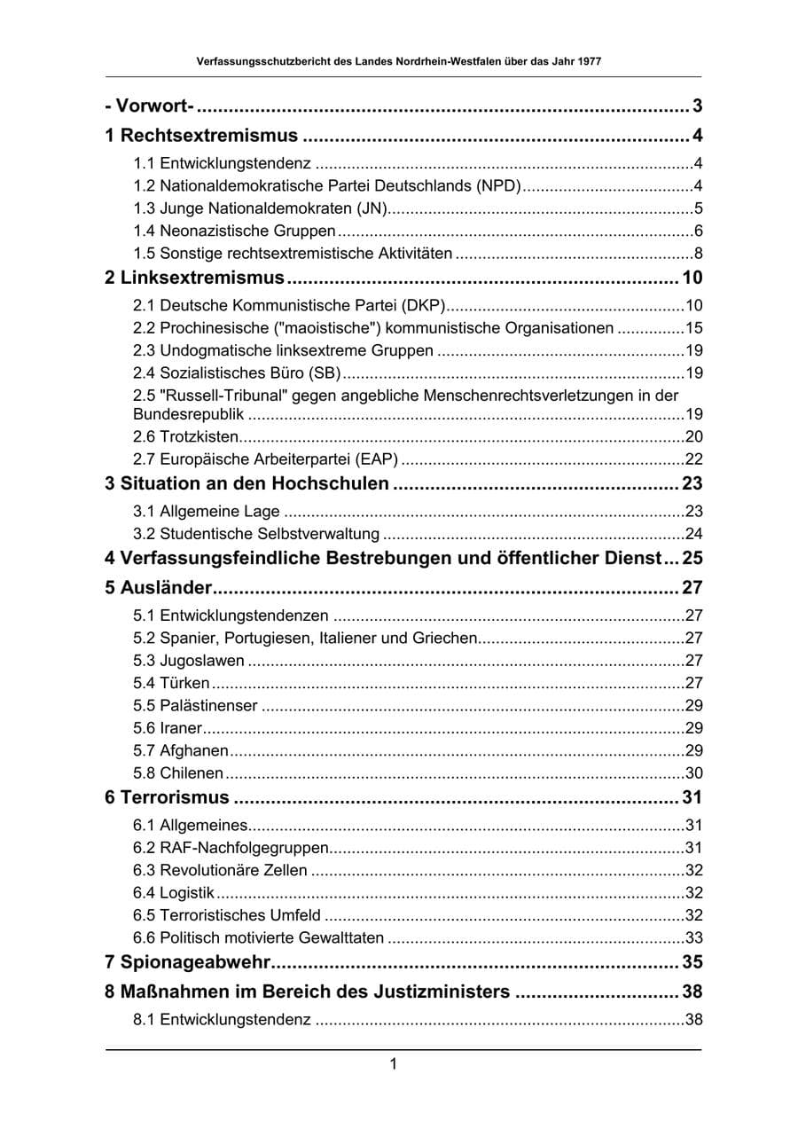 Seite 1 des Verfassungsschutzbericht 1977 Nordrhein-Westfalen