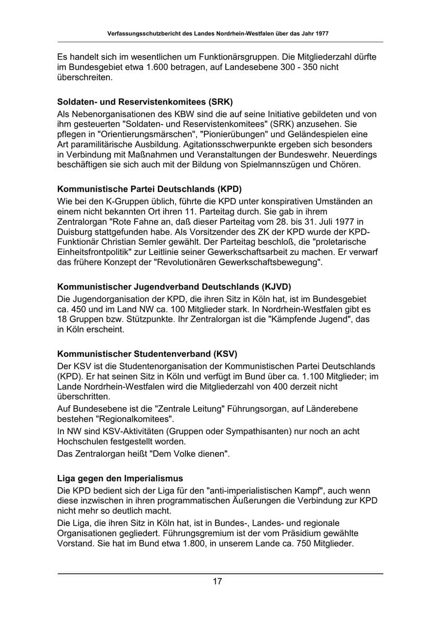 Seite 17 des Verfassungsschutzbericht 1977 Nordrhein-Westfalen