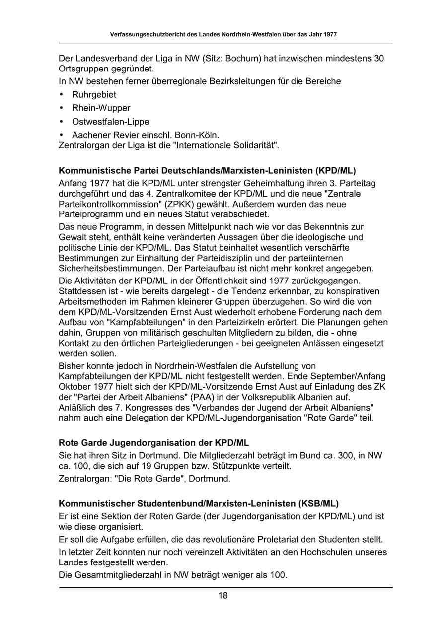 Seite 18 des Verfassungsschutzbericht 1977 Nordrhein-Westfalen