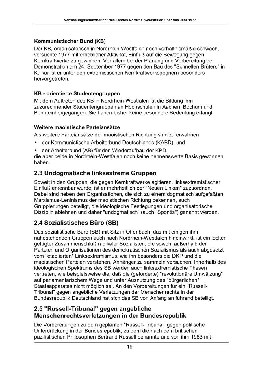 Seite 19 des Verfassungsschutzbericht 1977 Nordrhein-Westfalen