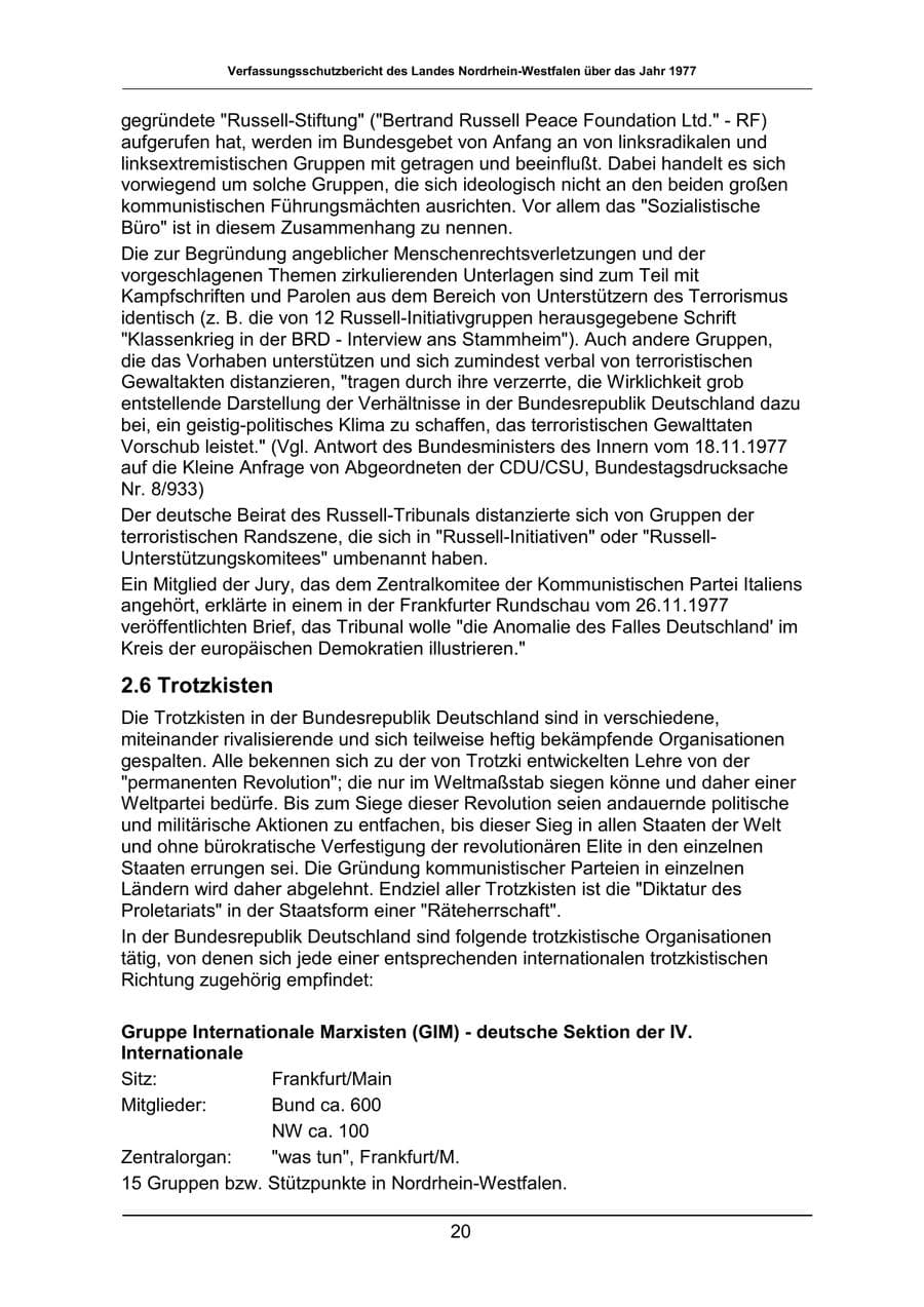 Seite 20 des Verfassungsschutzbericht 1977 Nordrhein-Westfalen