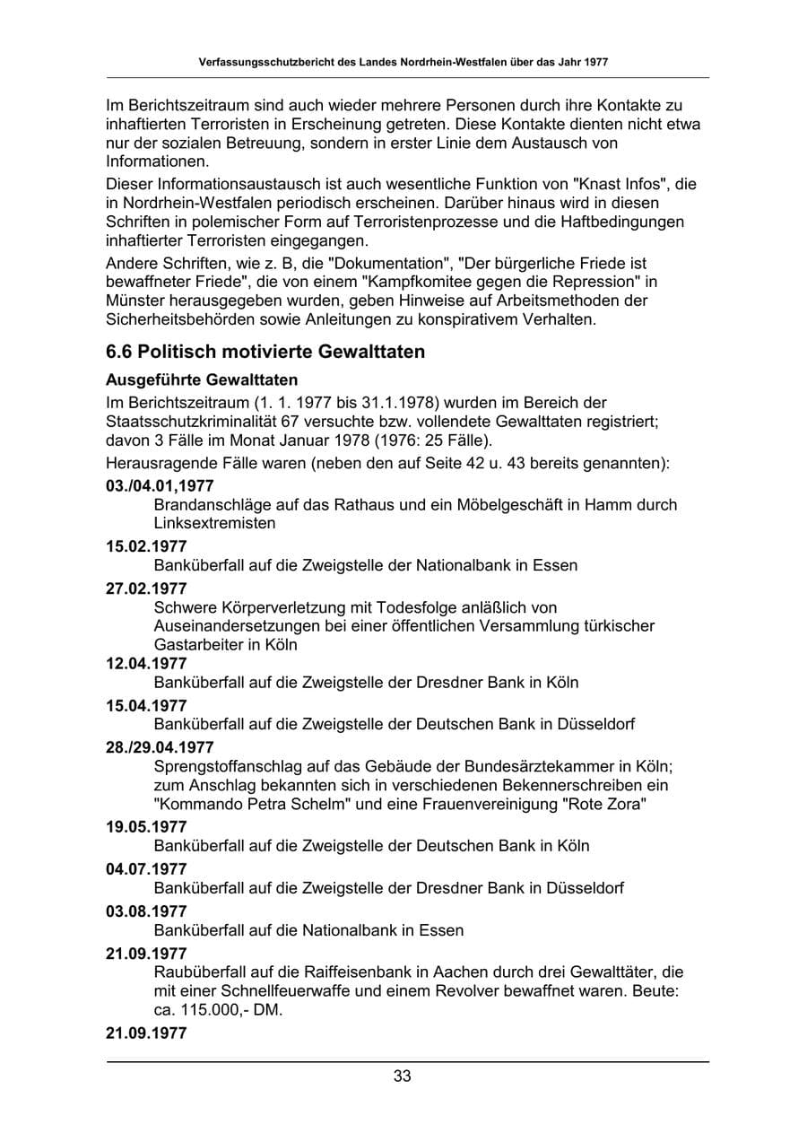 Seite 33 des Verfassungsschutzbericht 1977 Nordrhein-Westfalen