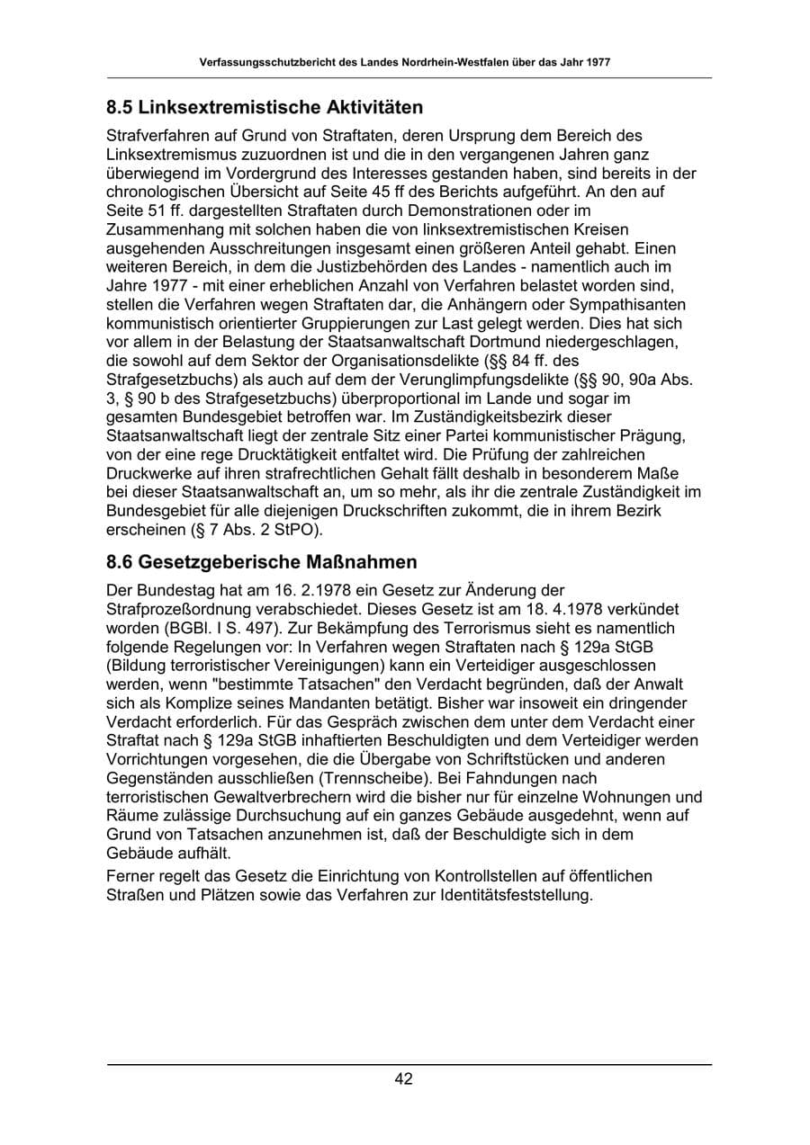 Seite 42 des Verfassungsschutzbericht 1977 Nordrhein-Westfalen