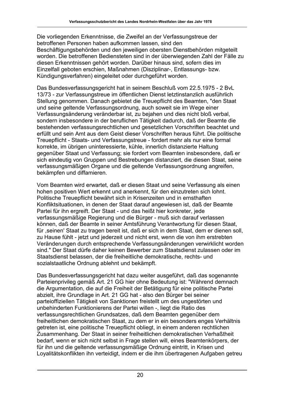 Seite 20 des Verfassungsschutzbericht 1978 Nordrhein-Westfalen