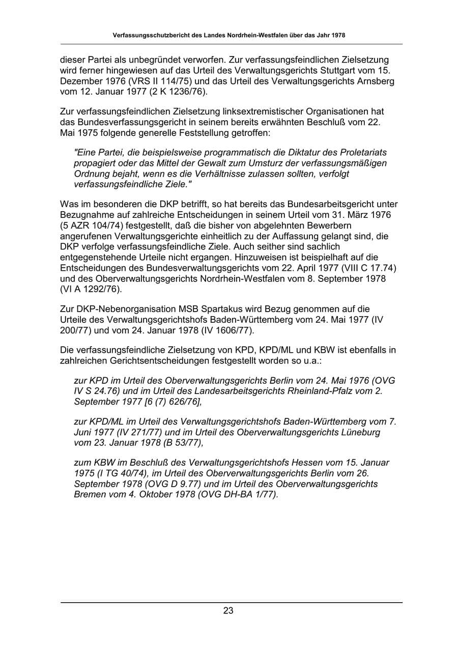 Seite 23 des Verfassungsschutzbericht 1978 Nordrhein-Westfalen
