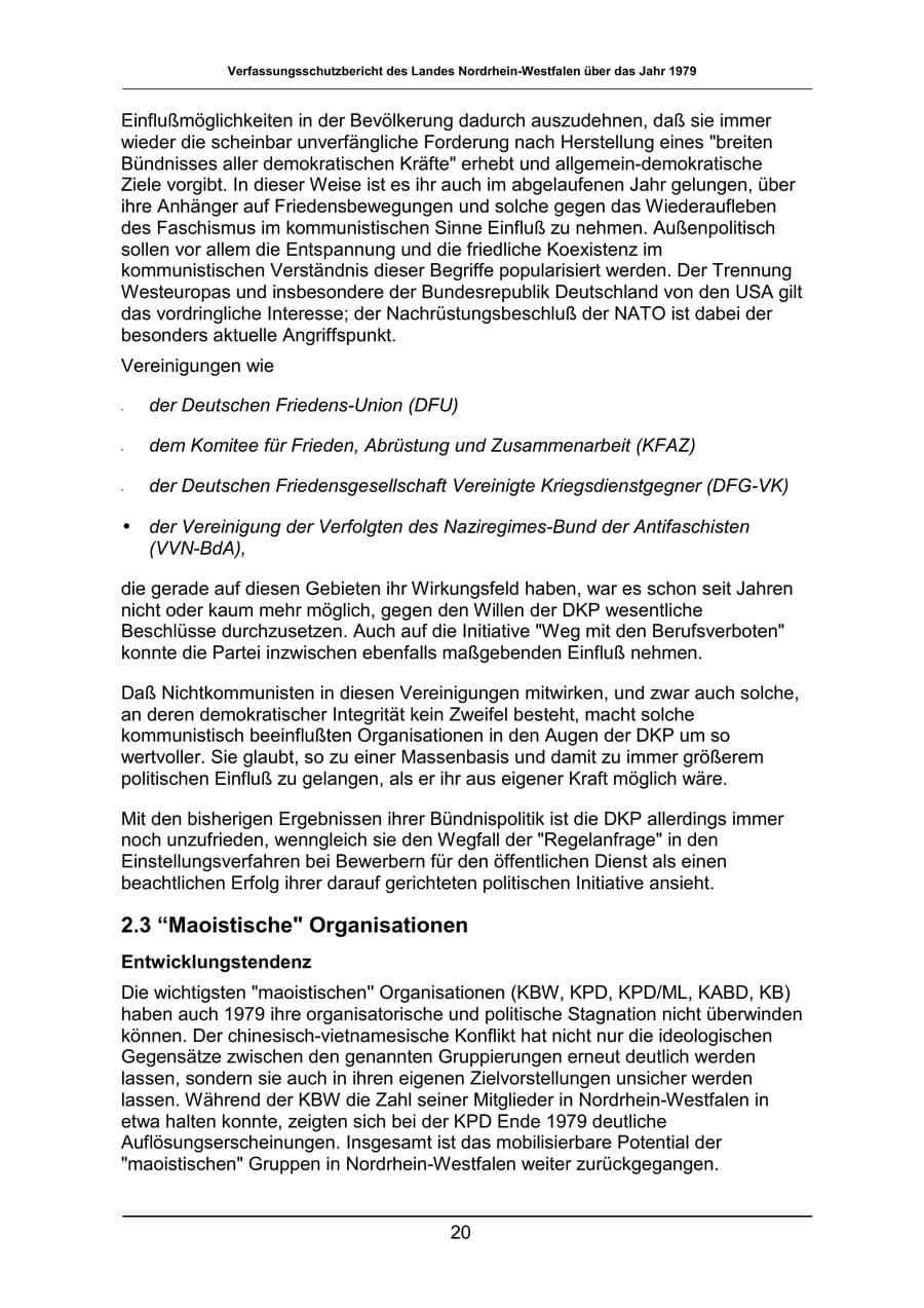 Seite 20 des Verfassungsschutzbericht 1979 Nordrhein-Westfalen
