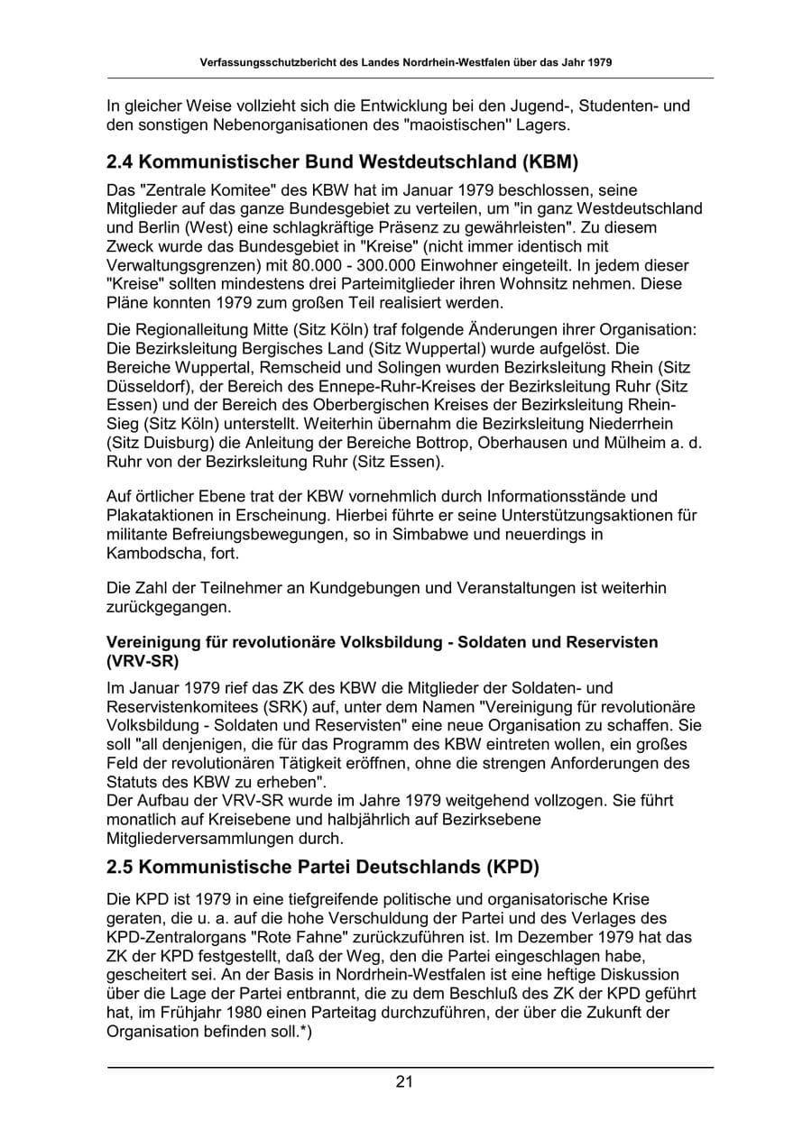 Seite 21 des Verfassungsschutzbericht 1979 Nordrhein-Westfalen