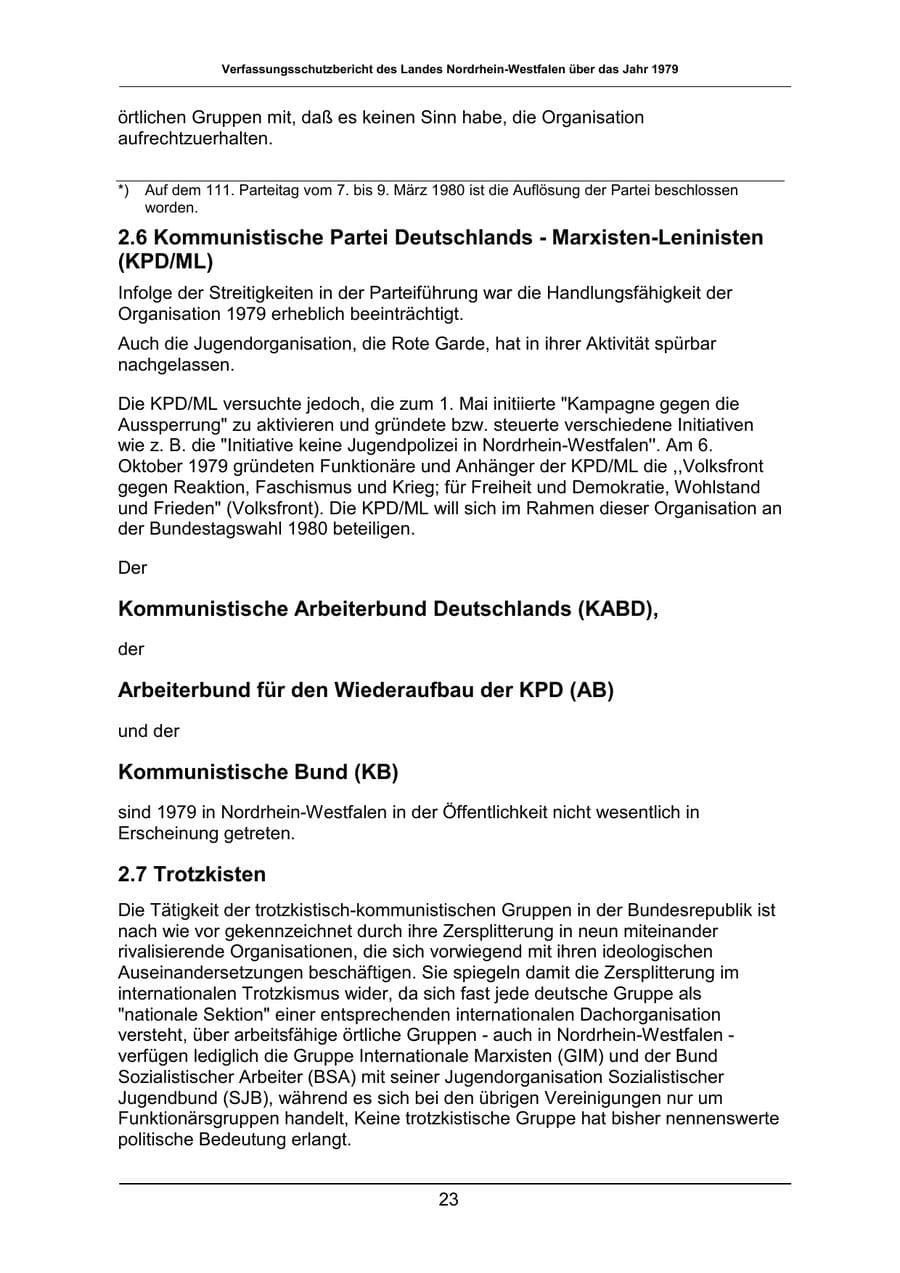 Seite 23 des Verfassungsschutzbericht 1979 Nordrhein-Westfalen