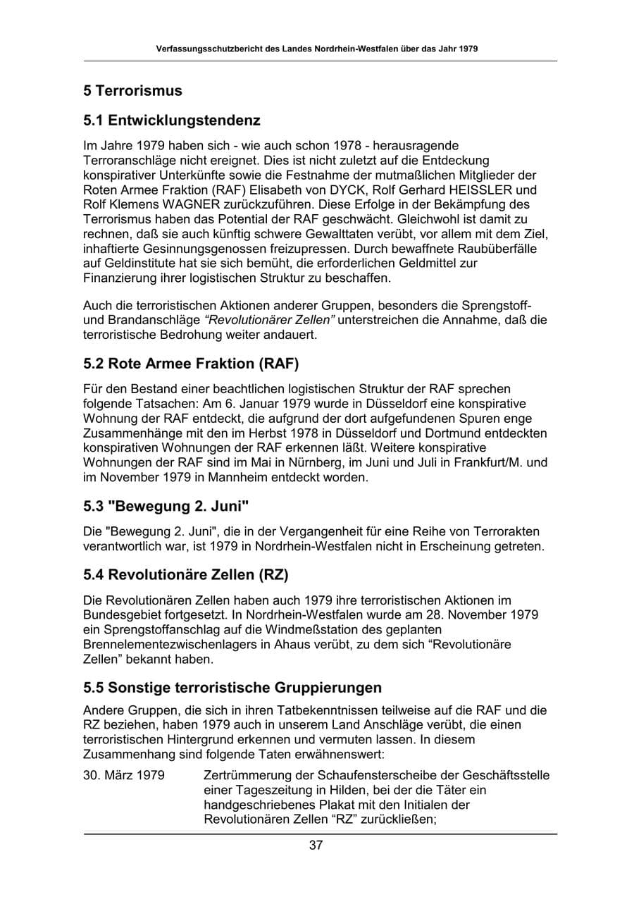Seite 37 des Verfassungsschutzbericht 1979 Nordrhein-Westfalen