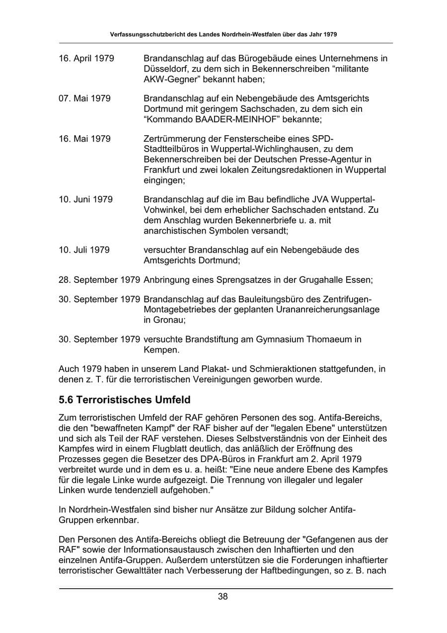 Seite 38 des Verfassungsschutzbericht 1979 Nordrhein-Westfalen