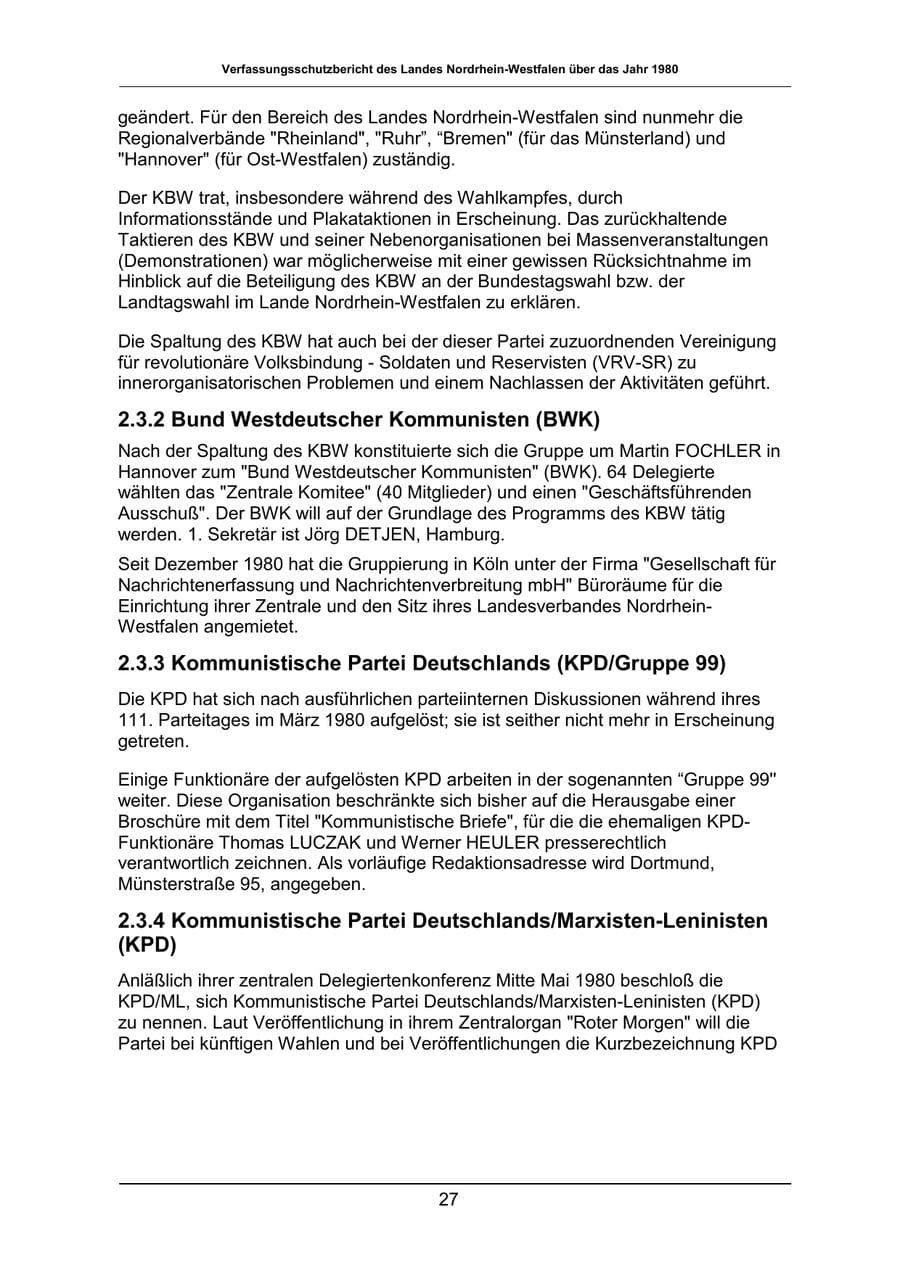 Seite 27 des Verfassungsschutzbericht 1980 Nordrhein-Westfalen