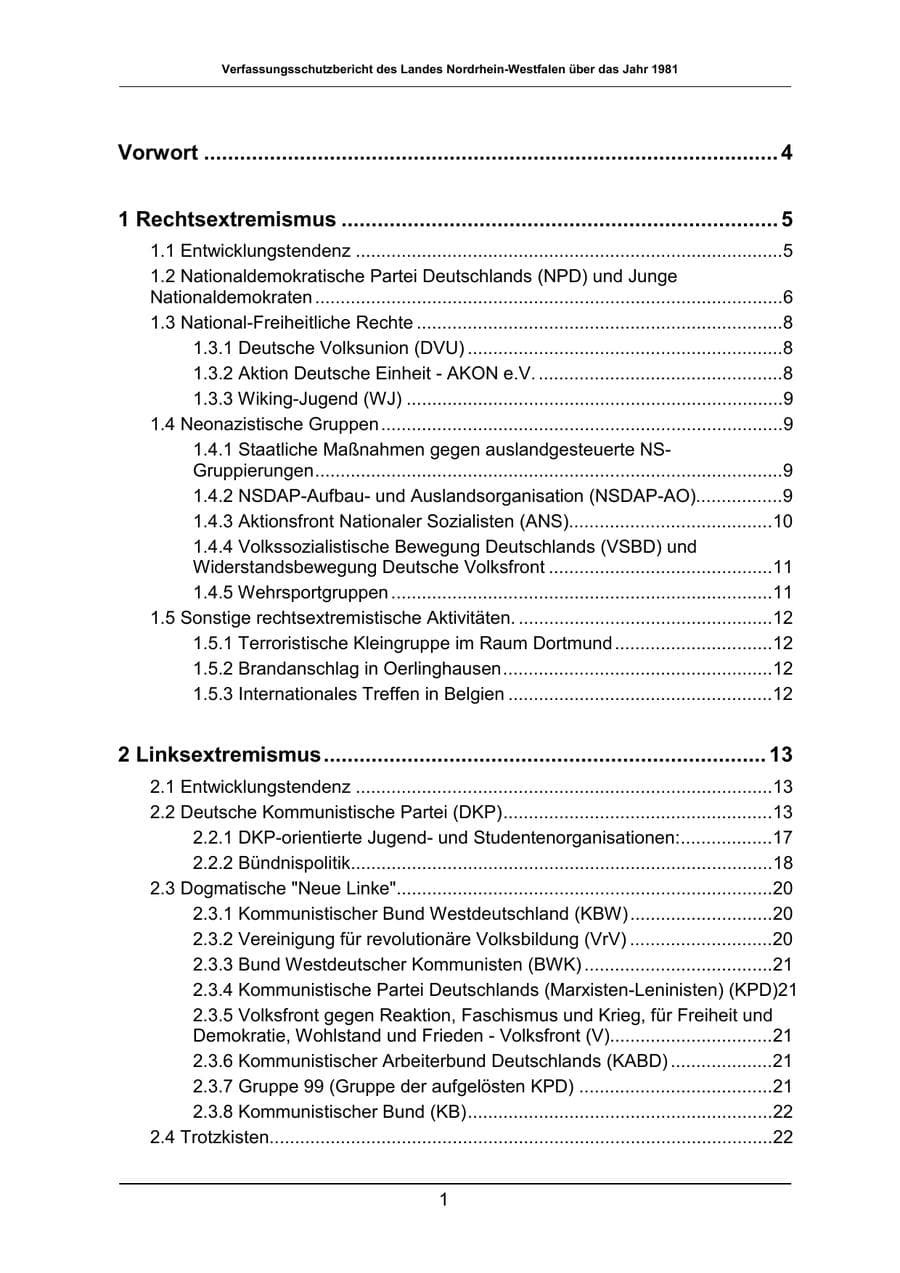 Seite 1 des Verfassungsschutzbericht 1981 Nordrhein-Westfalen