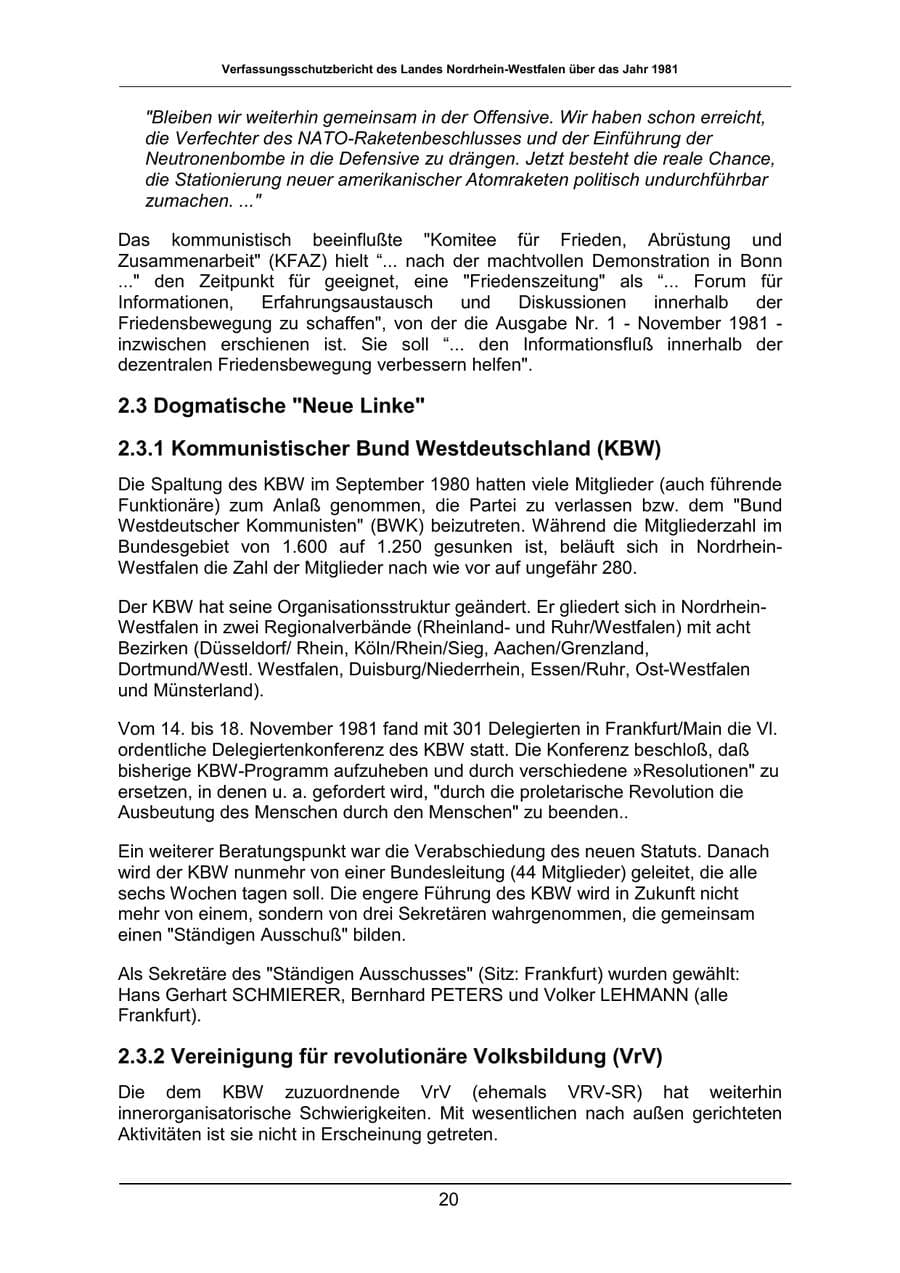 Seite 20 des Verfassungsschutzbericht 1981 Nordrhein-Westfalen