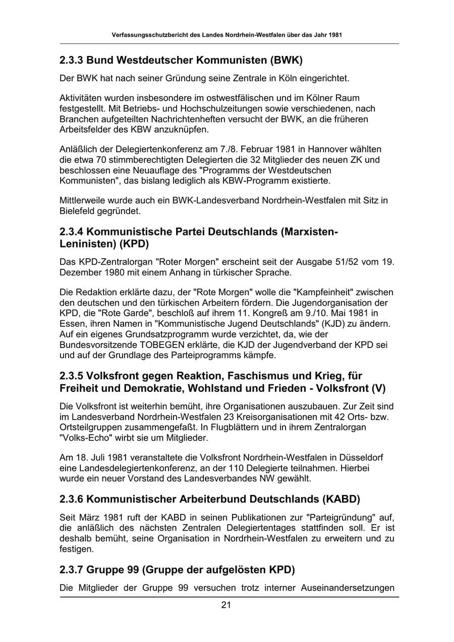 Seite 21 des Verfassungsschutzbericht 1981 Nordrhein-Westfalen