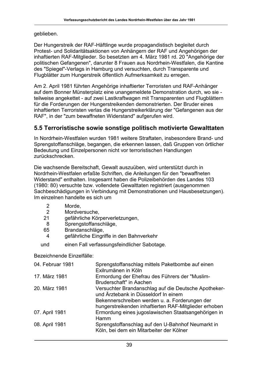 Seite 39 des Verfassungsschutzbericht 1981 Nordrhein-Westfalen