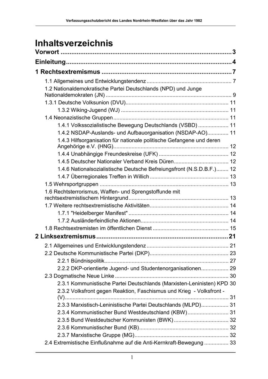Seite 1 des Verfassungsschutzbericht 1982 Nordrhein-Westfalen