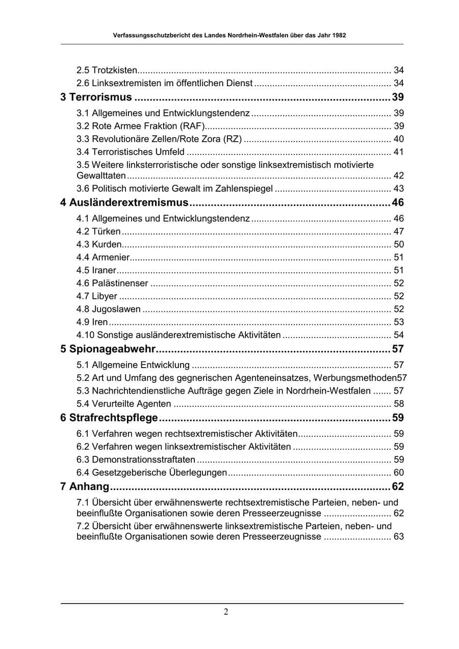 Seite 2 des Verfassungsschutzbericht 1982 Nordrhein-Westfalen