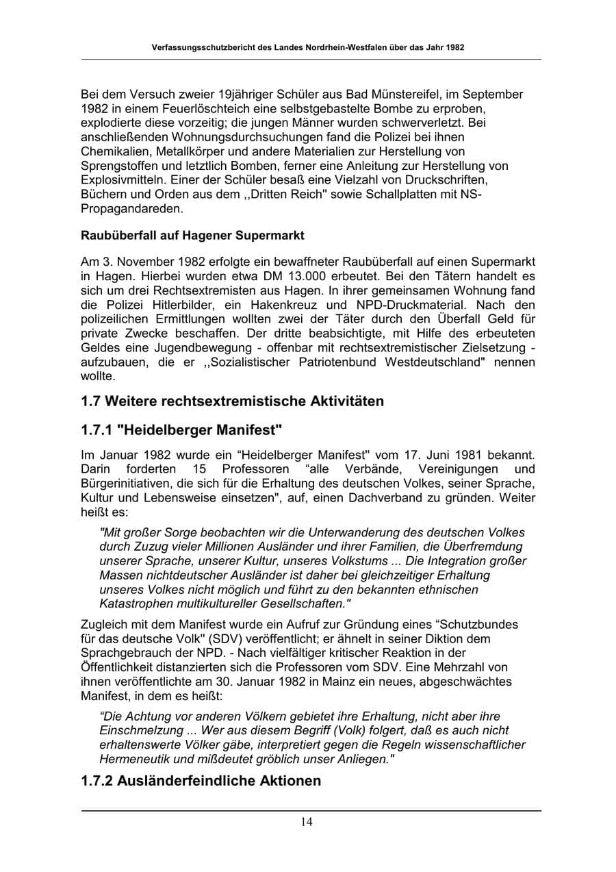 Seite 14 des Verfassungsschutzbericht 1982 Nordrhein-Westfalen