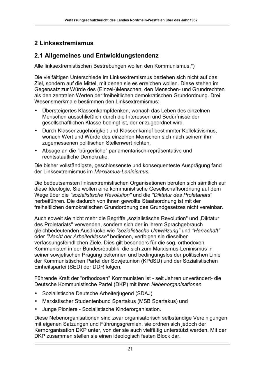 Seite 21 des Verfassungsschutzbericht 1982 Nordrhein-Westfalen