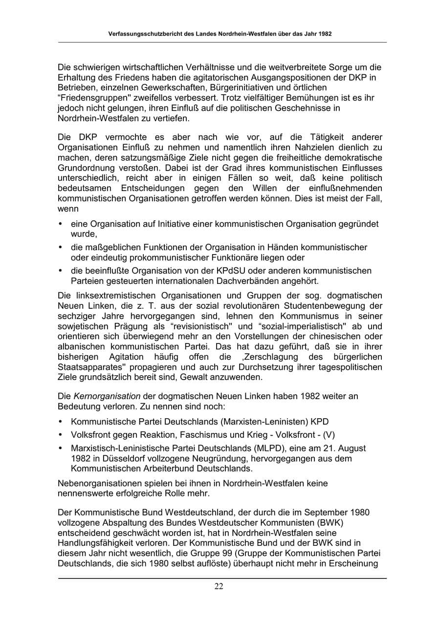 Seite 22 des Verfassungsschutzbericht 1982 Nordrhein-Westfalen