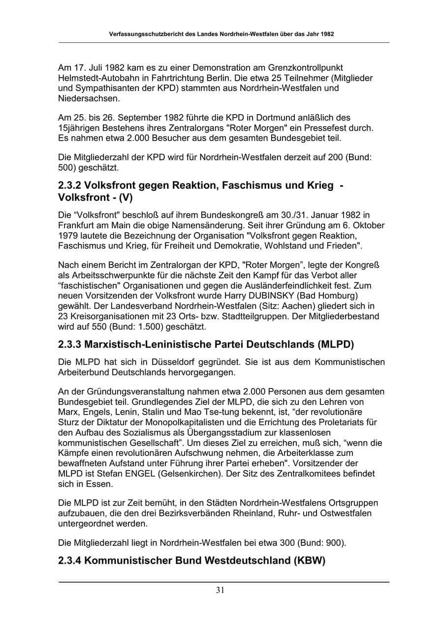 Seite 31 des Verfassungsschutzbericht 1982 Nordrhein-Westfalen
