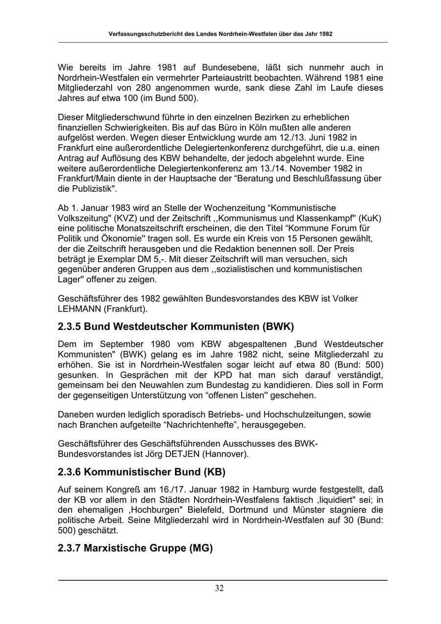 Seite 32 des Verfassungsschutzbericht 1982 Nordrhein-Westfalen