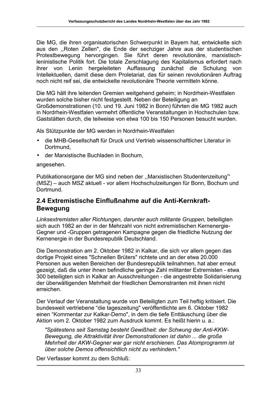 Seite 33 des Verfassungsschutzbericht 1982 Nordrhein-Westfalen