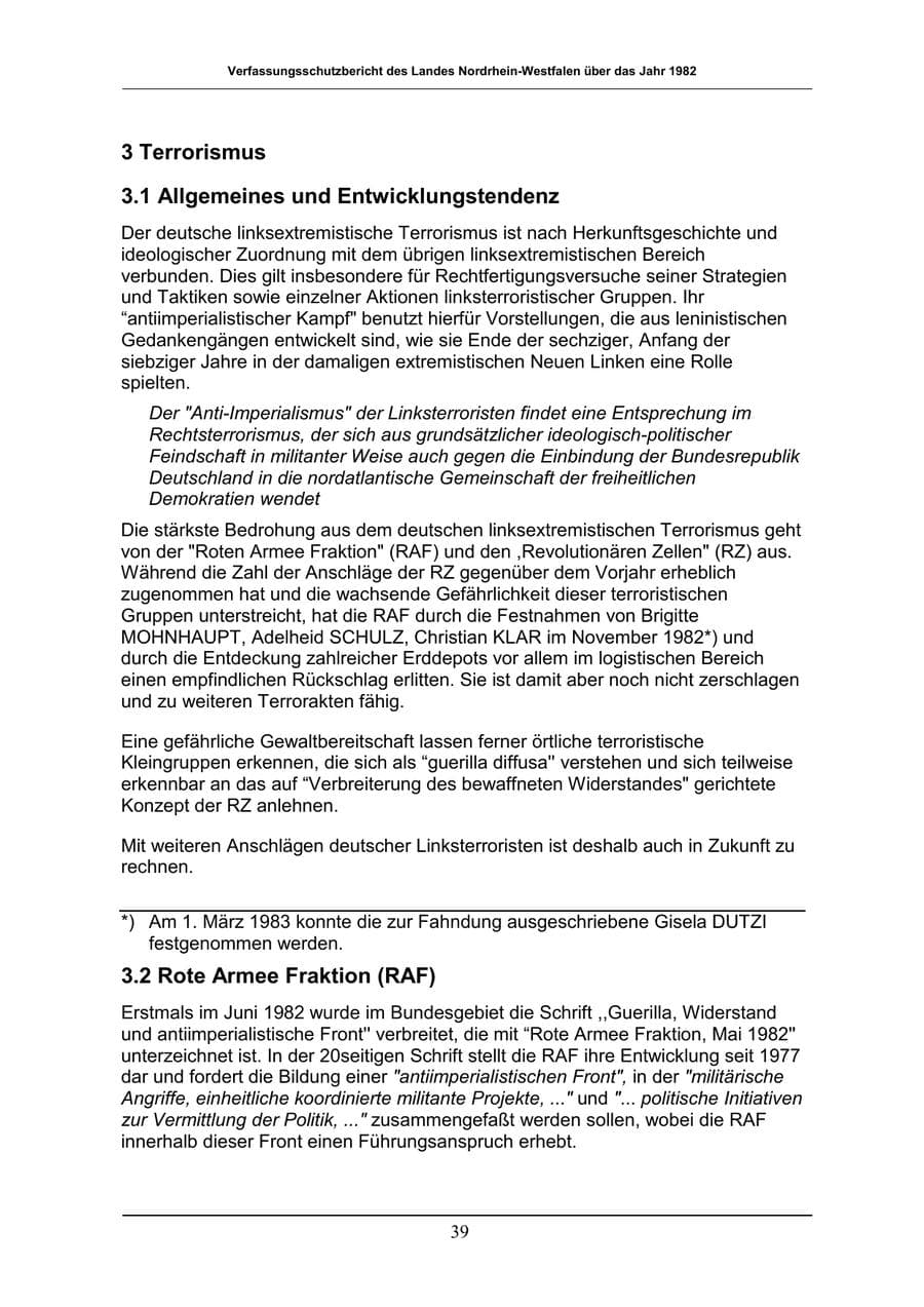 Seite 39 des Verfassungsschutzbericht 1982 Nordrhein-Westfalen
