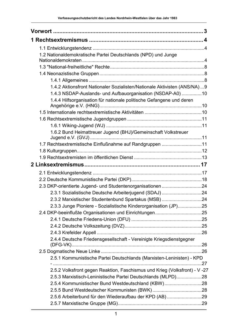 Seite 1 des Verfassungsschutzbericht 1983 Nordrhein-Westfalen