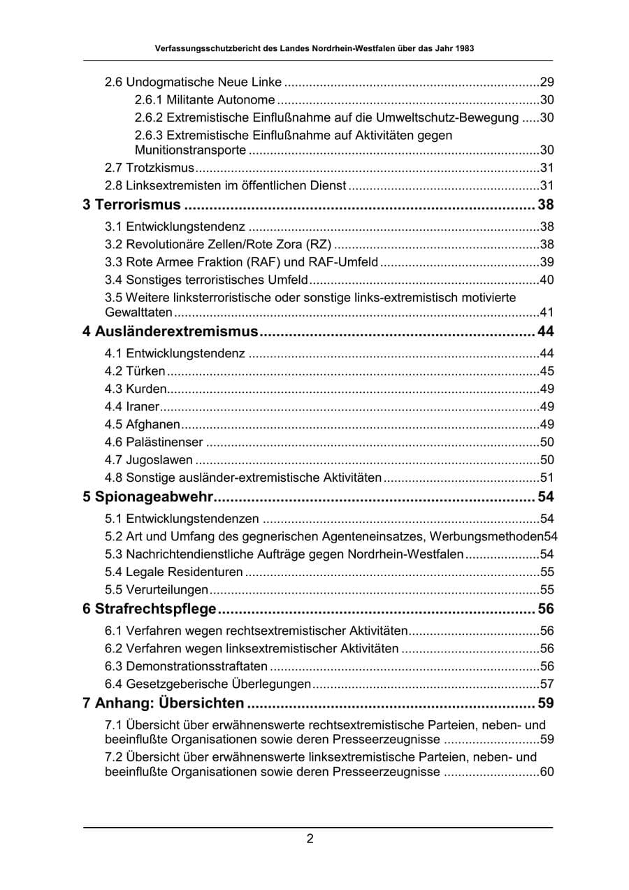 Seite 2 des Verfassungsschutzbericht 1983 Nordrhein-Westfalen