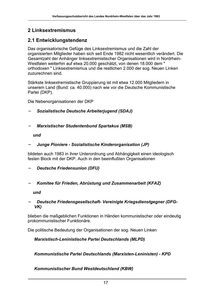 Seite 17 des Verfassungsschutzbericht 1983 Nordrhein-Westfalen