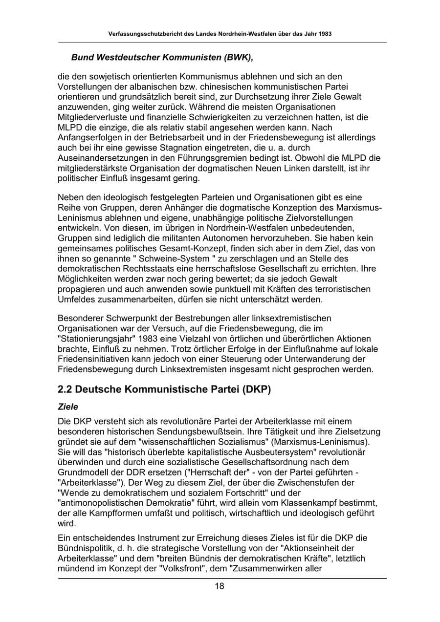 Seite 18 des Verfassungsschutzbericht 1983 Nordrhein-Westfalen