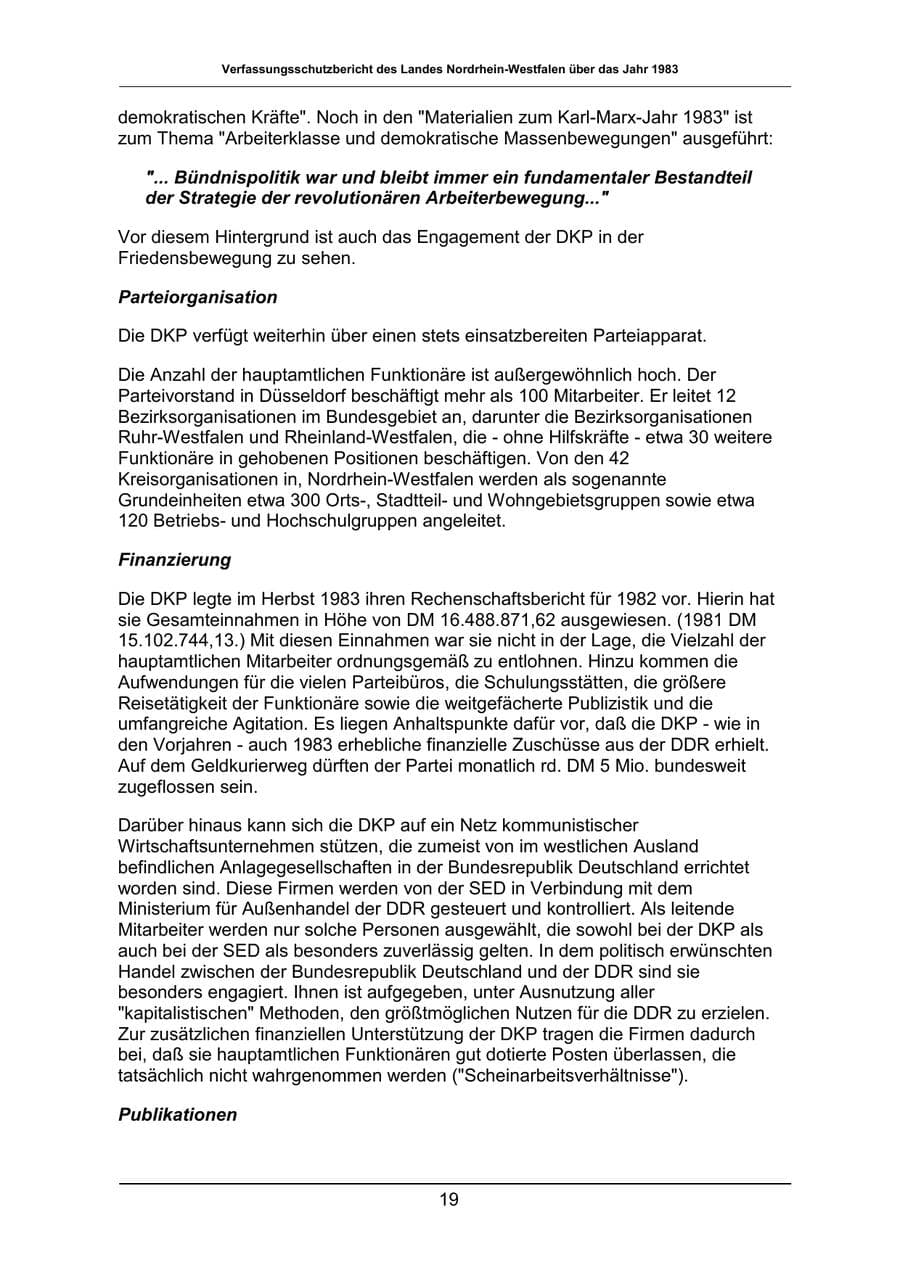 Seite 19 des Verfassungsschutzbericht 1983 Nordrhein-Westfalen