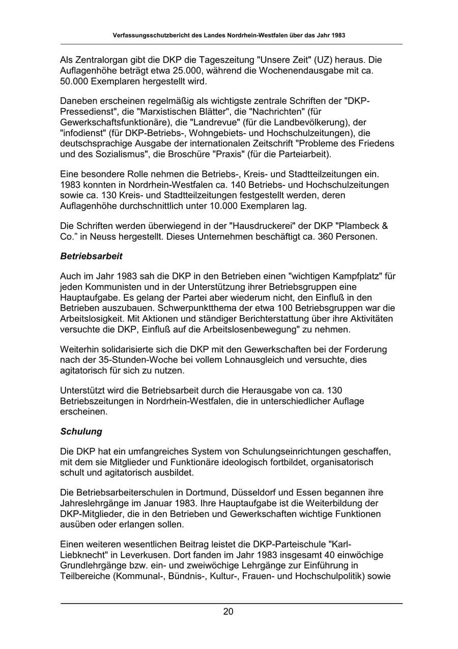 Seite 20 des Verfassungsschutzbericht 1983 Nordrhein-Westfalen